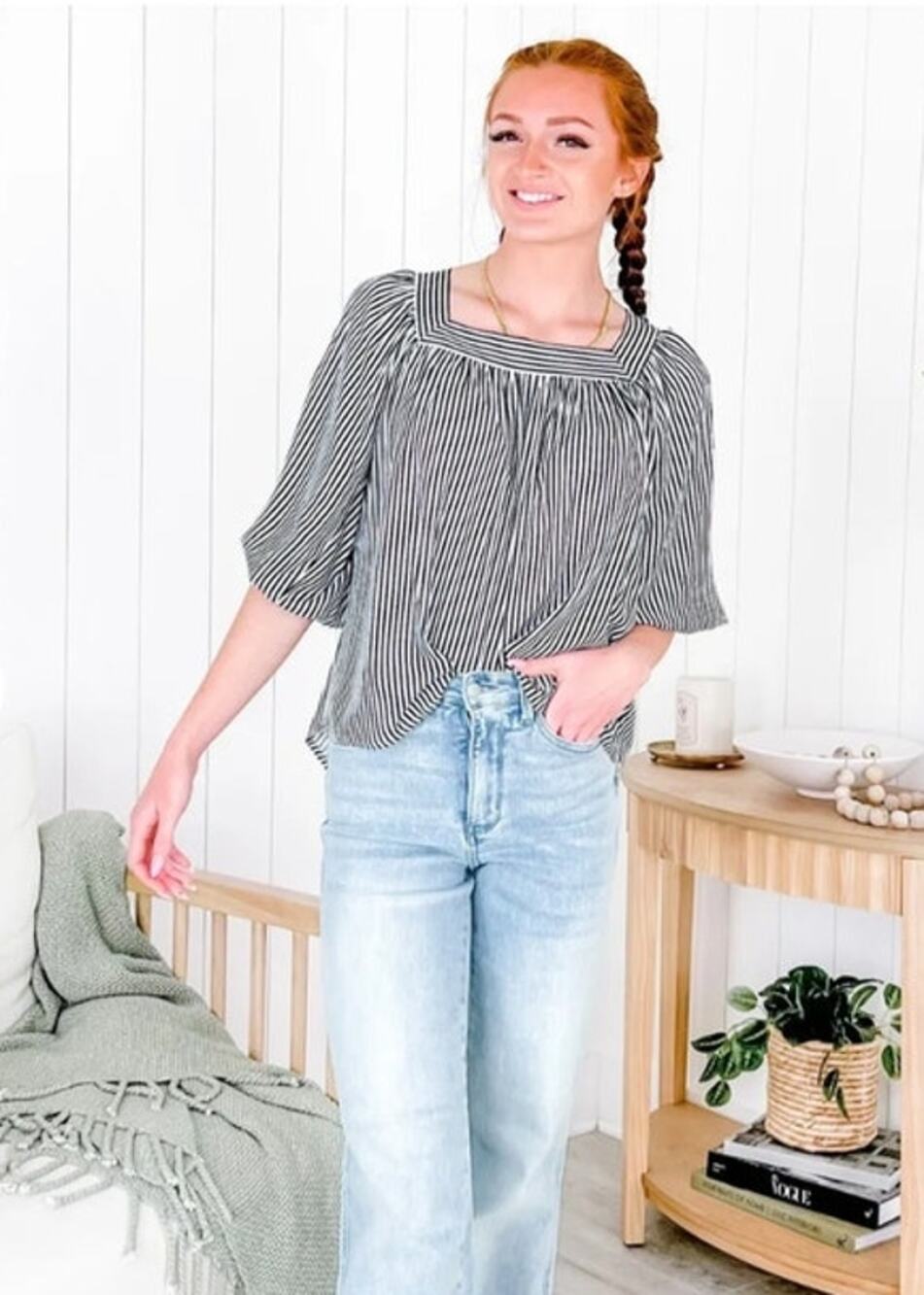 Andree By Unit Peasant Blouse L Blue Stripe Boho Cottagecore NWT